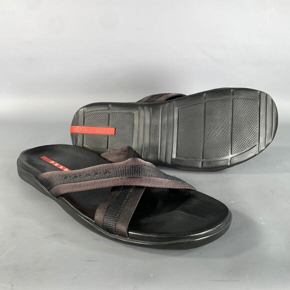 PRADA Size 10 Black Mixed Fabrics Leather Canvas Flip flops Sandals